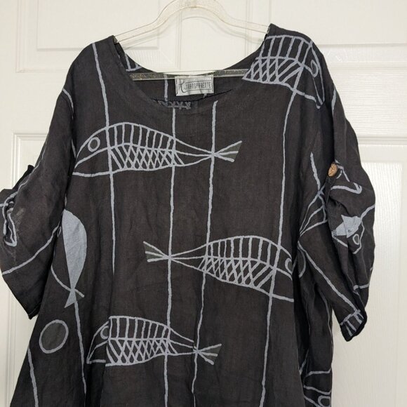 T by Transparente Fish Linen Dress Womens Size XXL Black Italian Lagenlook - Picture 2 of 9